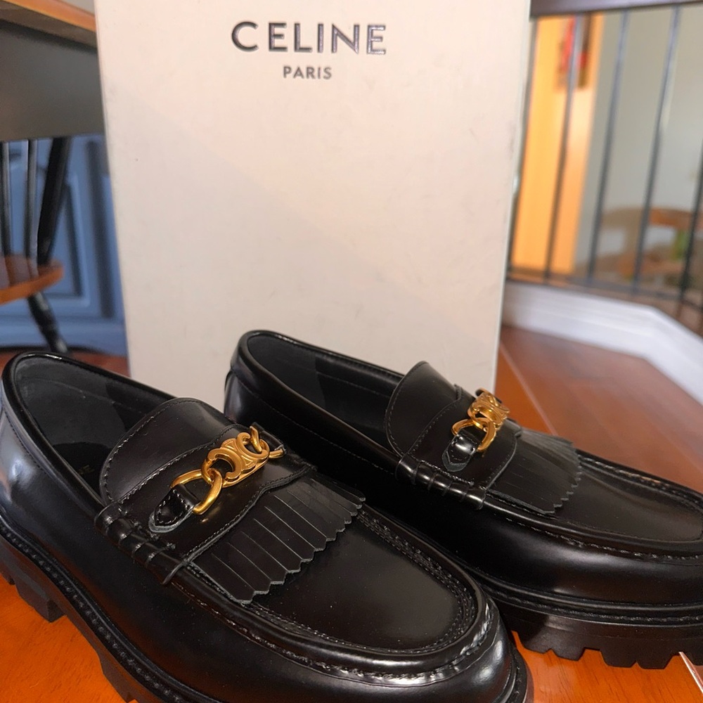 Celine Black and Gold Loafers with Chunky Sole and Fringe Detail